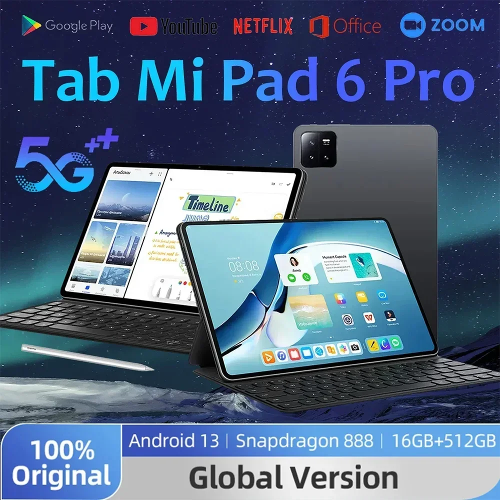 

2024 Original Pad 6 Pro Global Version Snapdragon 888 Android 13.0 Tablet PC Xioami 16GB 512GB 5G 10000mAh HD 4K Screen WIFI Mi