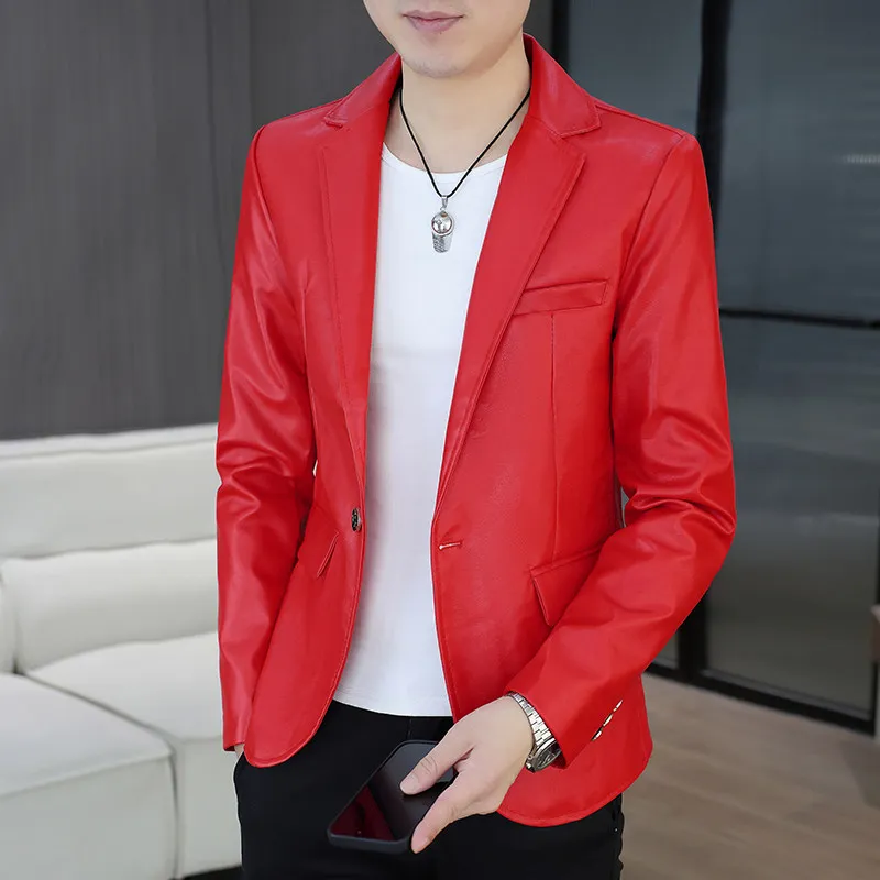 

Youthful Personali Leather Jaet Men's Slim Fit Suit Ele Korean Sle Long Sve Polyester Cotton Blend Coat