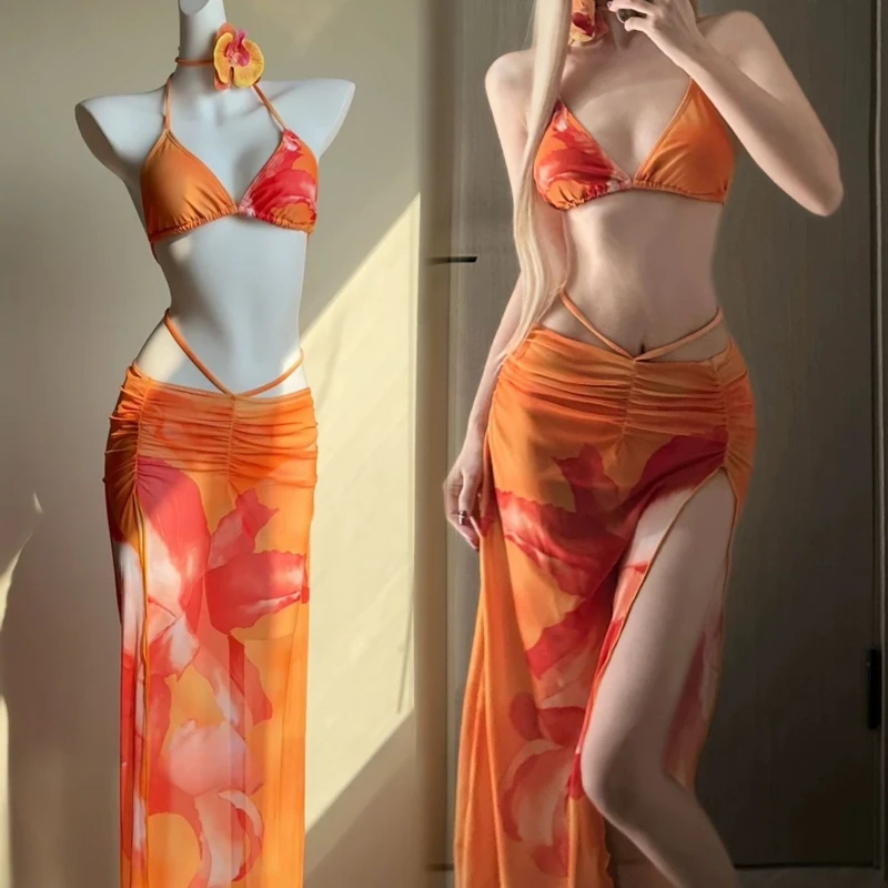 

Y2K Elegant Swinsiut Sexy Orange Flower Printed Backless Bikinis Set with Mesh Cover Skirt Beachwear 3pcs Bathing Suit for Women