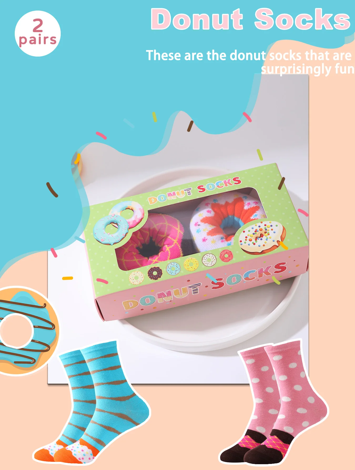

2 Pairs of Unisex Comfortable, Novel, Fun, Colorful Donut Gift Box Mid-Calf Socks Suitable for Valentine's Day, Christmas Gifts for Friends, All-Season Styles, Spring and Summer Styles