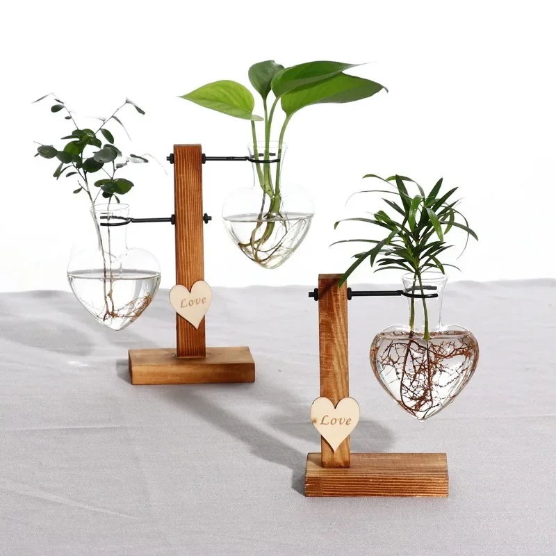 Love hydroponic glass vase, wooden living room flower arrangement set, plant dried flower transparent container