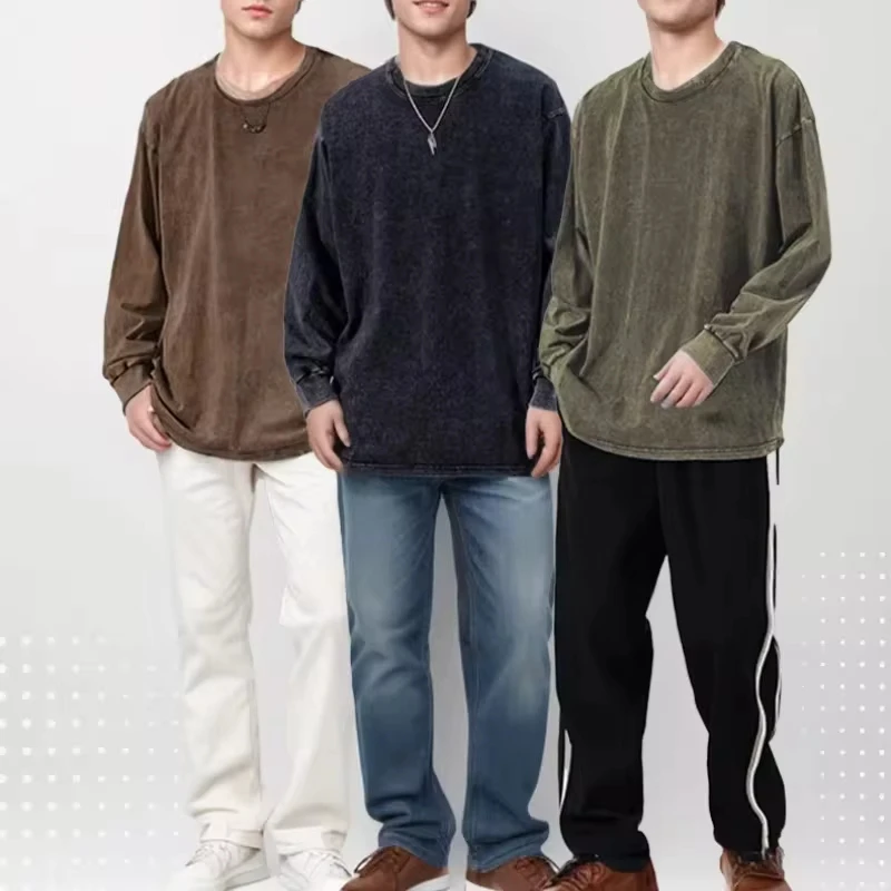 

Men's Washed Long Sleeve T-shirts 230G Cotton High Street Retro Oversized Tee Korean Fashion Loose Y2K Tops Long Sleeve Tshirts