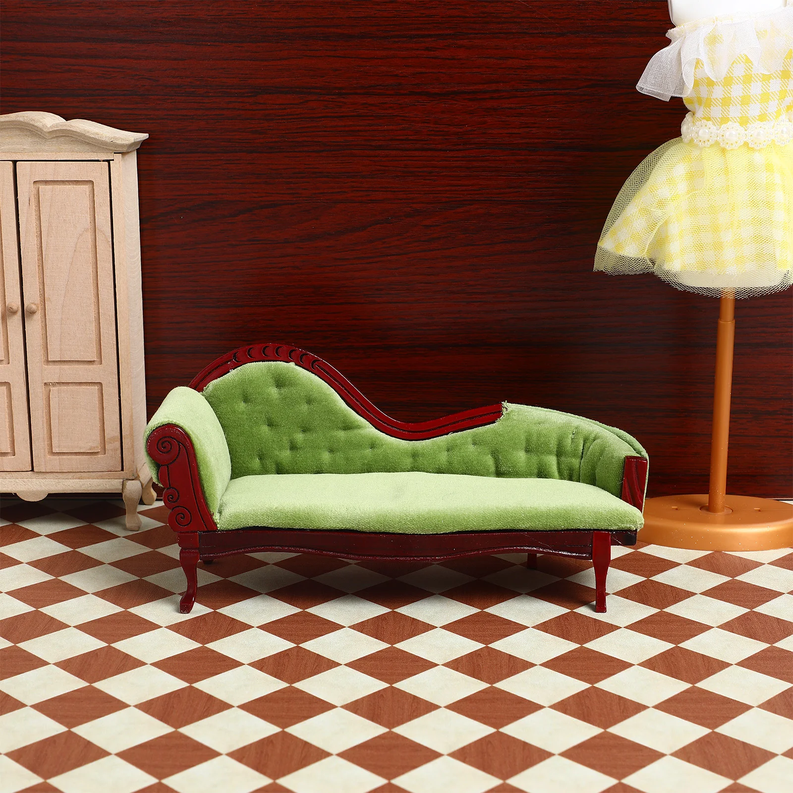 Casa de bebé, Mini sofá Chaise, adornos, muebles de muñecas, juguete, sofá en miniatura de abedul para Decoración