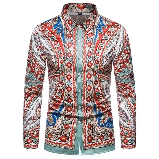 Trendy Men Button‑Up Shirt Luxury Greek‑Key Baroque Ornament Art Print Polyester Nightclub Banquet Dating