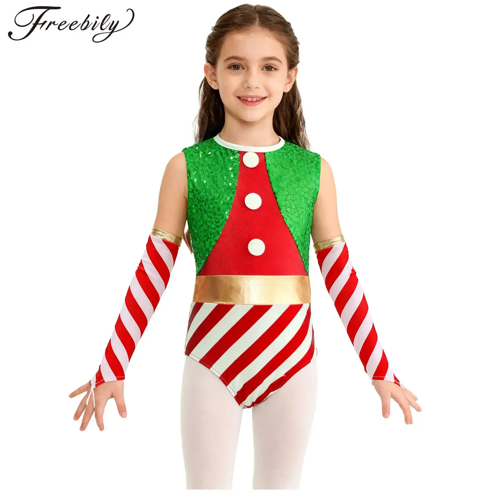 Disfraz de elfo de Papá Noel para niñas, disfraz de Navidad, Carnaval, bastones de caramelo, lentejuelas a rayas, mono de gimnasia para baile de Ballet con mangas