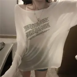 Sexy dünne Perspektive T-Shirts Sommer neue Langarm einfarbig Druck Brief lose Tops T-Shirts lässig Trend Frauen Kleidung