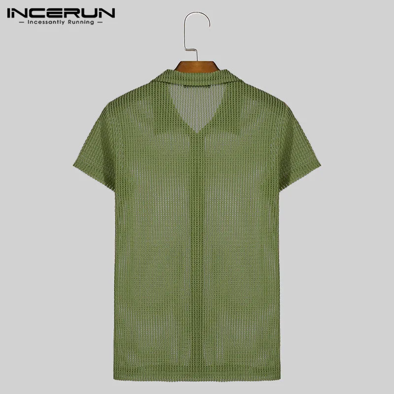 INCERUN Men Shirts 2024 Lapel Short Sleeve Mesh Transparent Hollow Out Men Clothing Streetwear Solid Color Fashion Camisas S-5XL