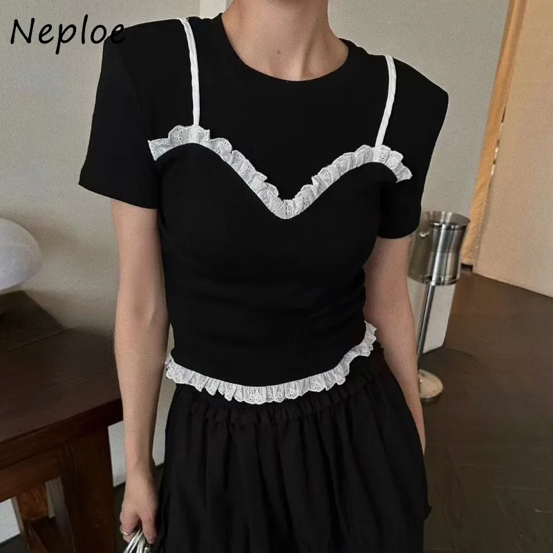 Neploe 2024 Summer New Lace Patchwork Camisole T-shirts O-neck Fake Two Piece Tops Women Y2k Slim Fit Short Sleeve Tee Shirt