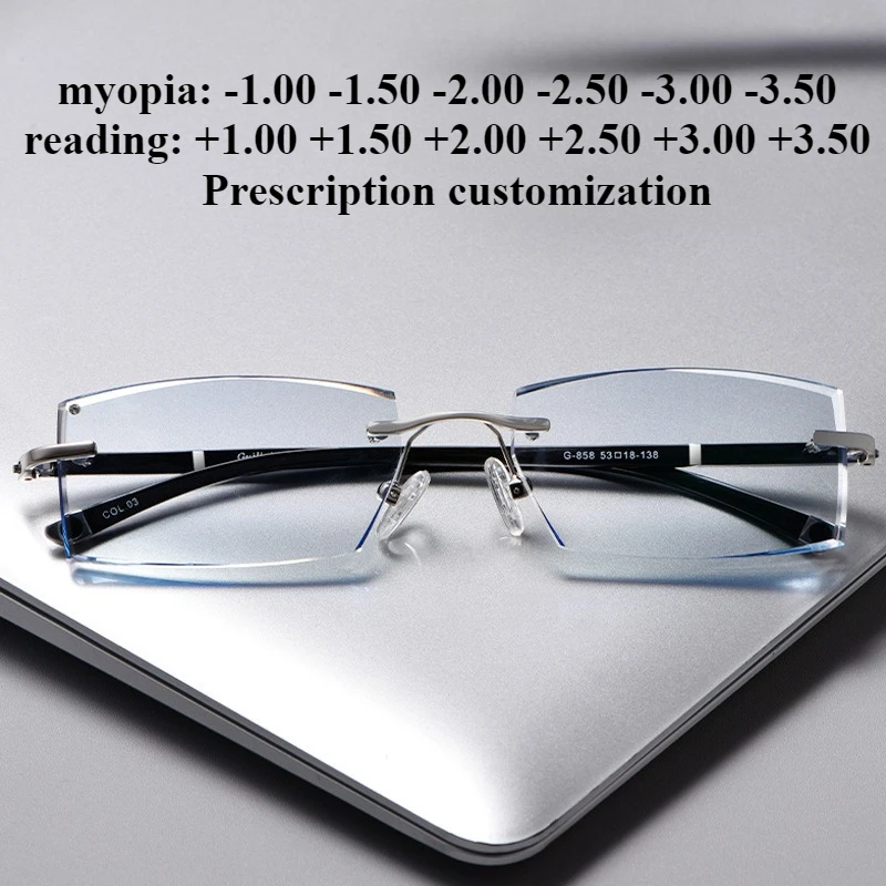 

55 мм мужские деловые прямоугольные очки без оправы из чистого титана для близорукости по рецепту, очки для чтения с защитой от синего света