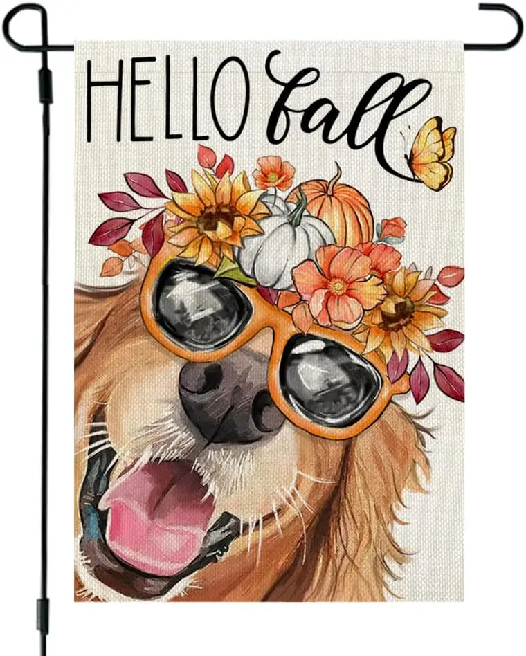 CROWNED BEAUTY Hello Fall Dog Garden Flag 12x18 Inch Double Sided for Outside Golden Retriever Small Burlap Autumn Holiday Yard