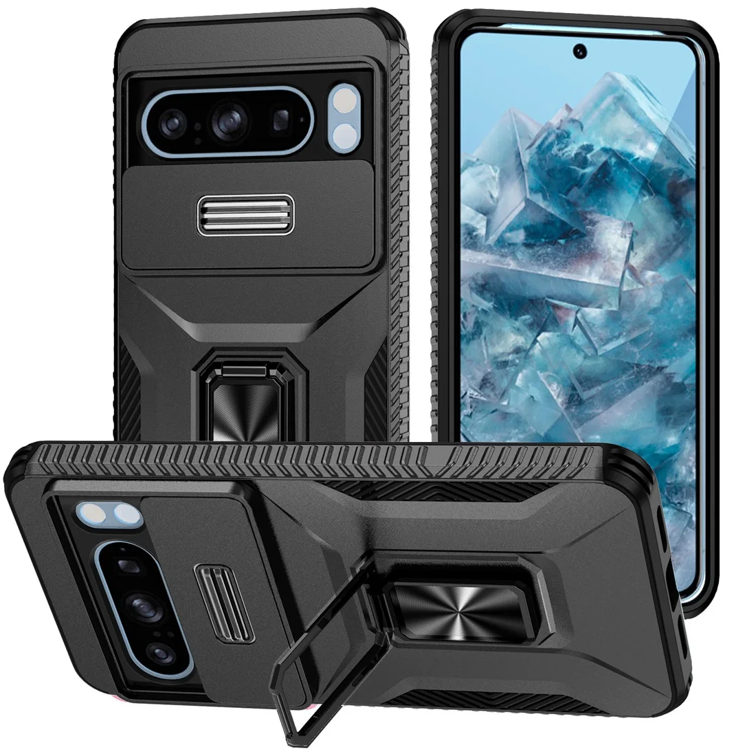 Pixel 8 Pro Phone Case,With Kickstand+Camera Lens Protector Heavy Tough Shockproof Case For Google Pixel 8 Pro 5G