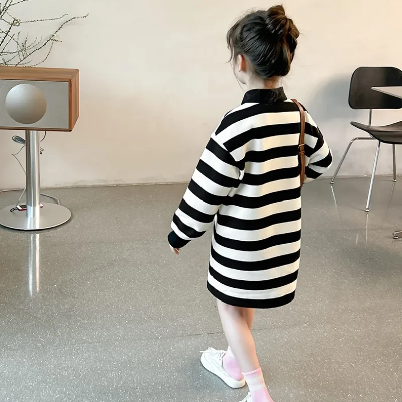 

Girls' 2025 Spring/Autumn Korean-Style Midi Sweatshirt Dress - Versatile Striped T-Shirt Polo Dress for 4-12Y