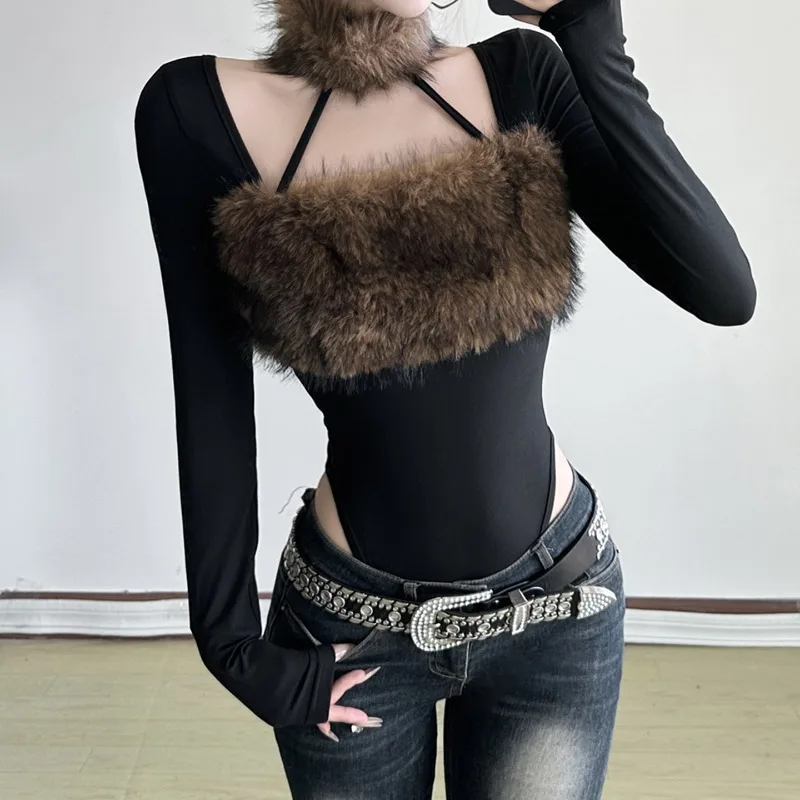 

Autumn / Winter Spicy Girl Fur Collar Scarf Patchwork Jumpsuit Temperament Tight Fitting Slimming Long Sleeved T-shirt for Women