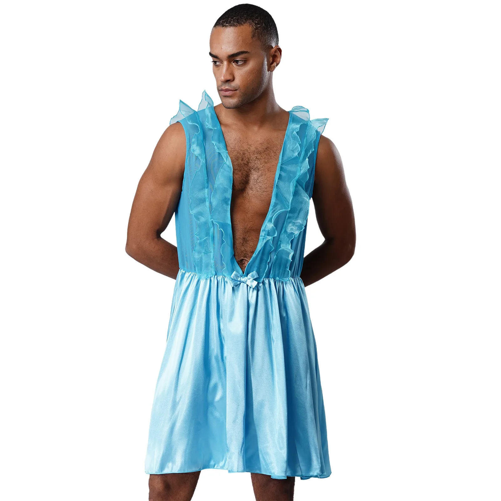 

Mens Sissy Sleep Bodydoll Dress Pajamas Deep V Neck Ruffle Sheer Patchwork Satin Mini Dress Crossdress Nightdress Nightwear