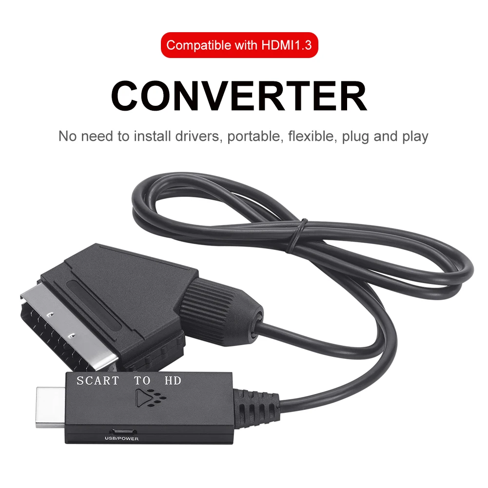 1m Audio Video Adapter Scart To HDMI-compatible 1080P Video Audio Converter DC 5V Micro USB Cable Accessories for Set-top Box