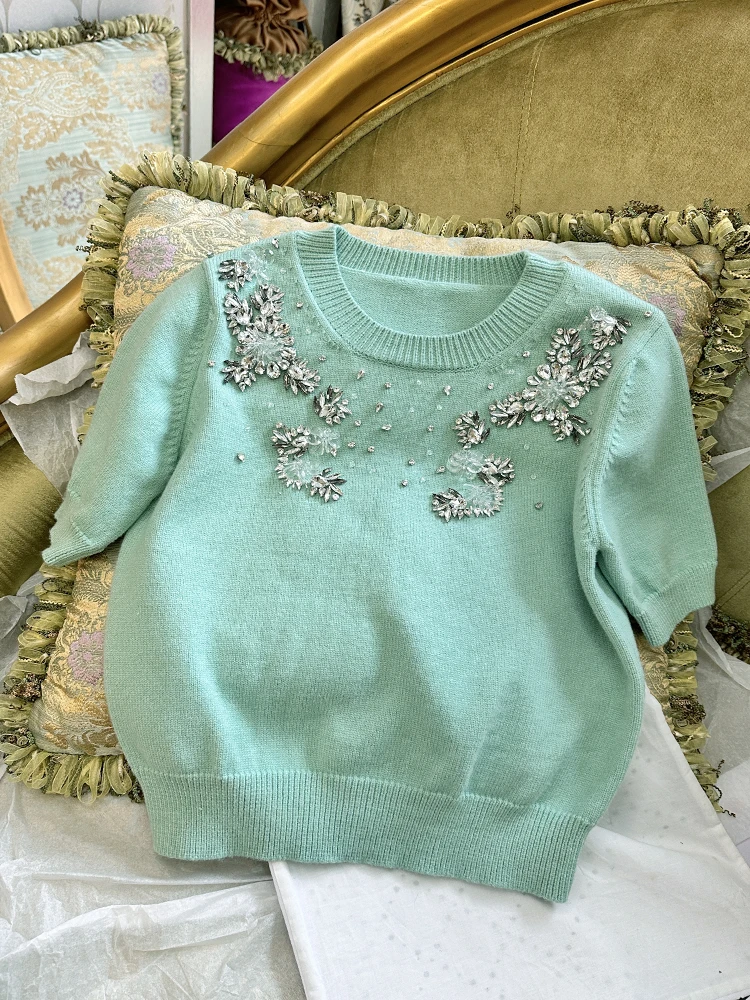 Fashion 2024 Early Spring Short-Sleeve Sweaters Fashion Rhinestone Flower Emboridered Girl's Knitted Tops Pullover Knitwears