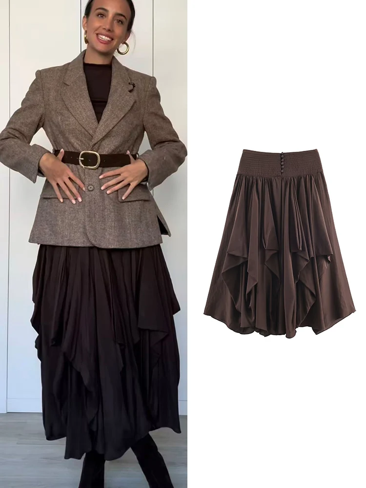 Damskie spódnice midi z falbanami, warstwowe, plisowane, z wysokim stanem, eleganckie, z elastyczną talią. ﻿ Wiosna Jesień Nowość