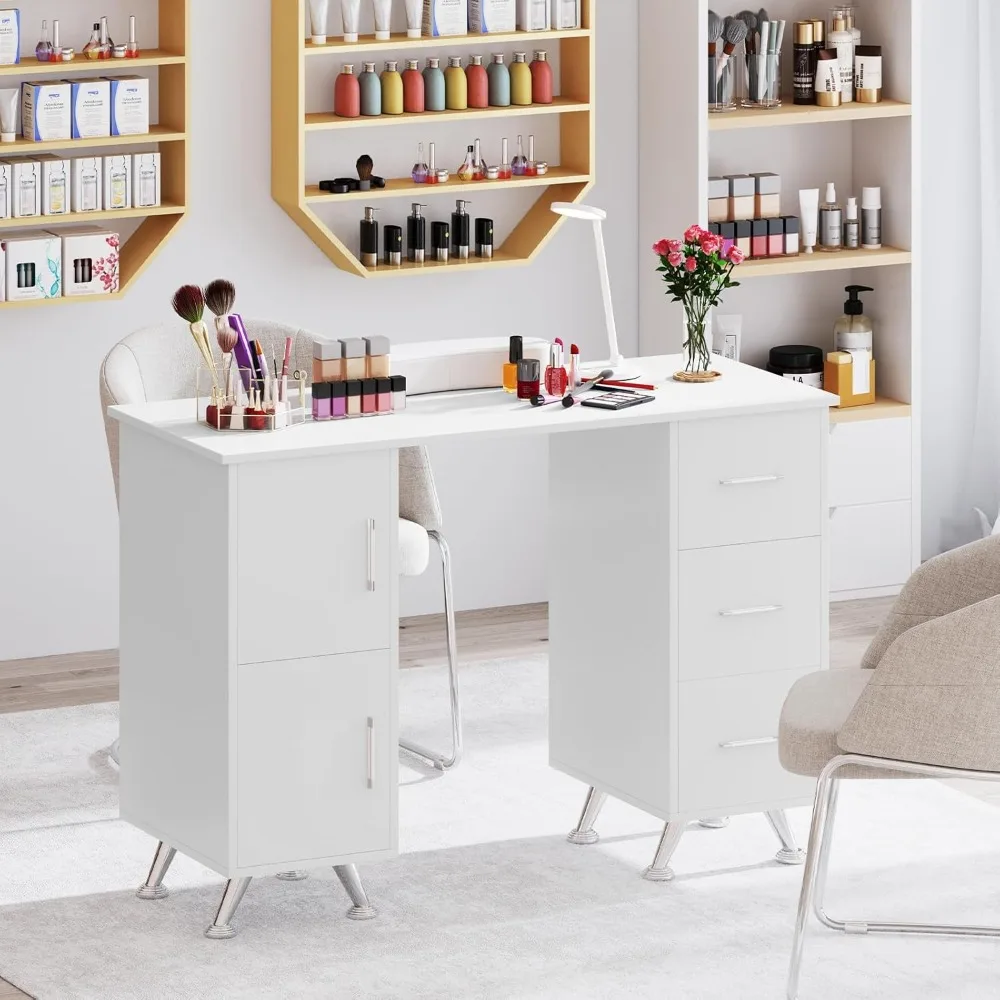 Nail Table Station with 3 Drawers, 2 Storage Cabinet, Wrist Rest, Acetone Resistant Nail Art Workstation, Table Nail Desk