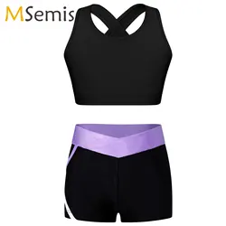 Traje de prática de dança para meninas, balé, crop top com shorts, ginástica dancewear, corrida ginásio treino banho