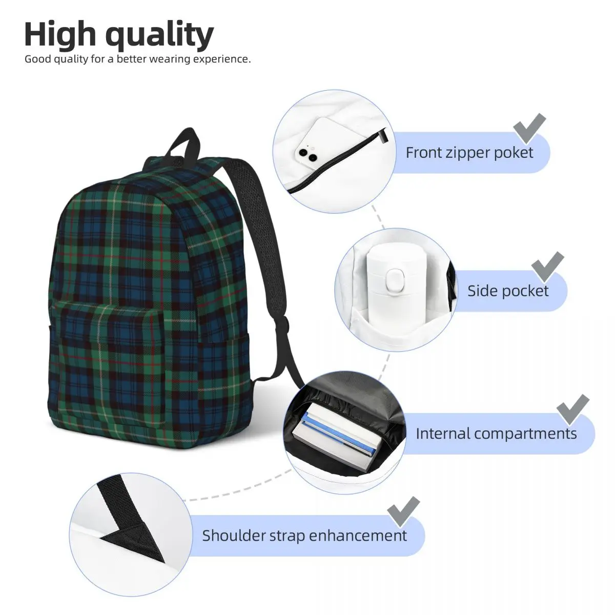 Tartan Rustic Green Blue Black Watch Plaid Holiday Backpack Men Women Teenage Student Daypack Check College Shoulder Bag