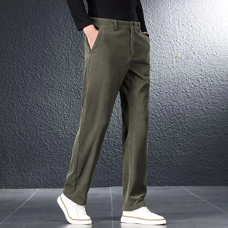 

Corduroy Men Home Loose Straight Tube Autumn Winter Trousers Middle Age Draped Button Solid Color Vintage Big Size Full Pants