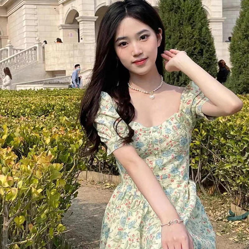 Woman Summer Dress Puff Sleeve Floral Print A-line Dresses High Waist Chic Fashion Square Collar Elegant Dress Mid Length Skirt