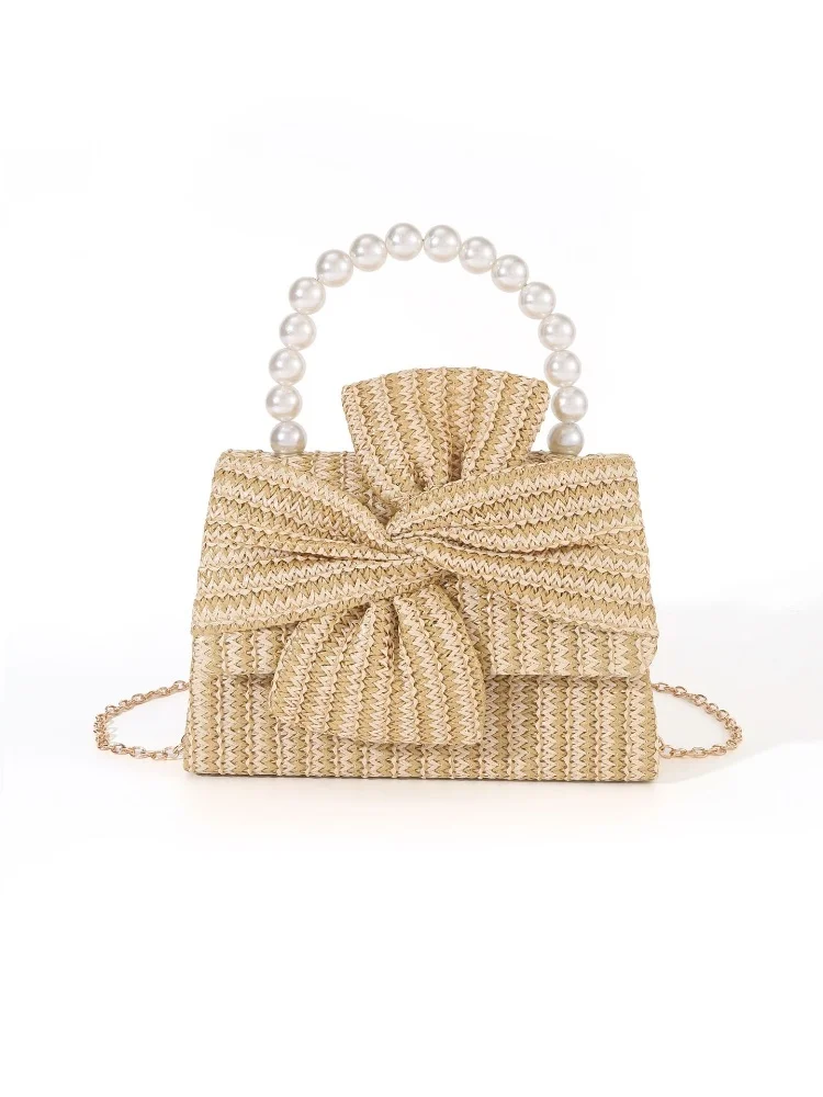 

Fashion Bow Straw Knitting Bags for Women New Luxurious Pearl Handle Tote Bag Chain Shoulder Bag Messenger Bags Portable Wallets