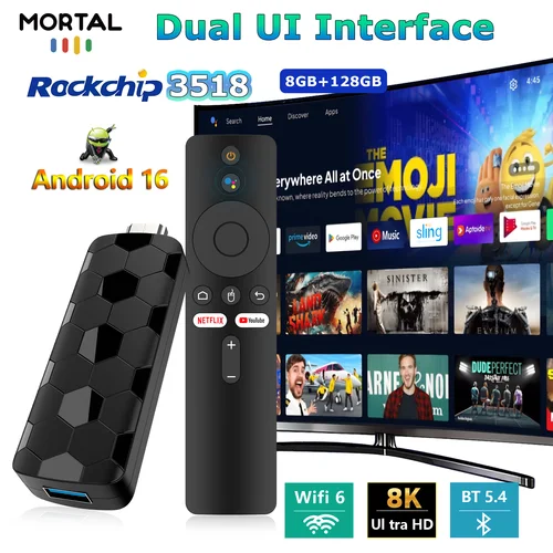 2025 nuevo R3 + Smart Android TV Stick Rockchip RK3518 con Wifi6 marca Dual 8GB 128GB 8K 3D HDR Google Voice remoto DC 5V 2A