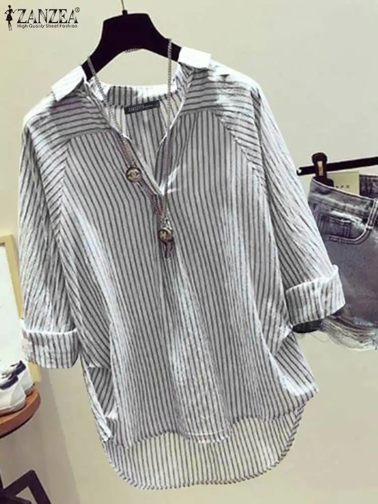 Vintage Lapel Neck Long Sleeve Striped Shirt ZANZEA Fashion Women Blouse Casual OL Work Tops Buttons Up Blusas Loose Chemise