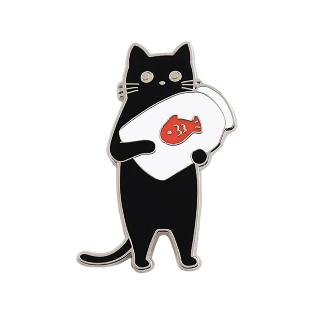 Healing Series Hugging Fish Black Cat Enamel Pin Cat Peripheral Brooch Cartoon Black Cat Metal Badge Cat Enthusiasts Collect Pin