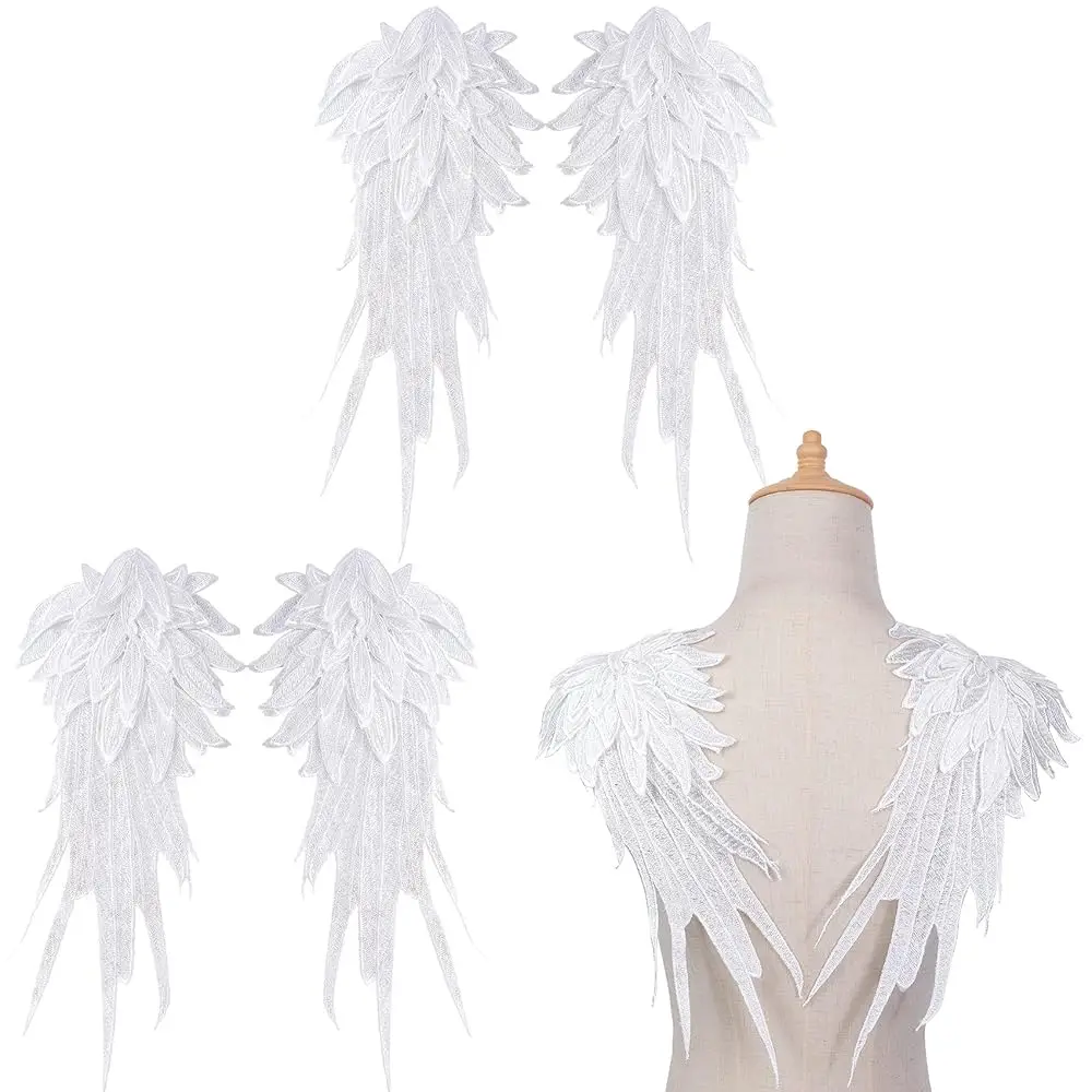 

3 Pair White Angel Wings Large Embroidered Applique Neckline Lace Trim Sewing On Patches Halloween Wedding Prom Party Decora