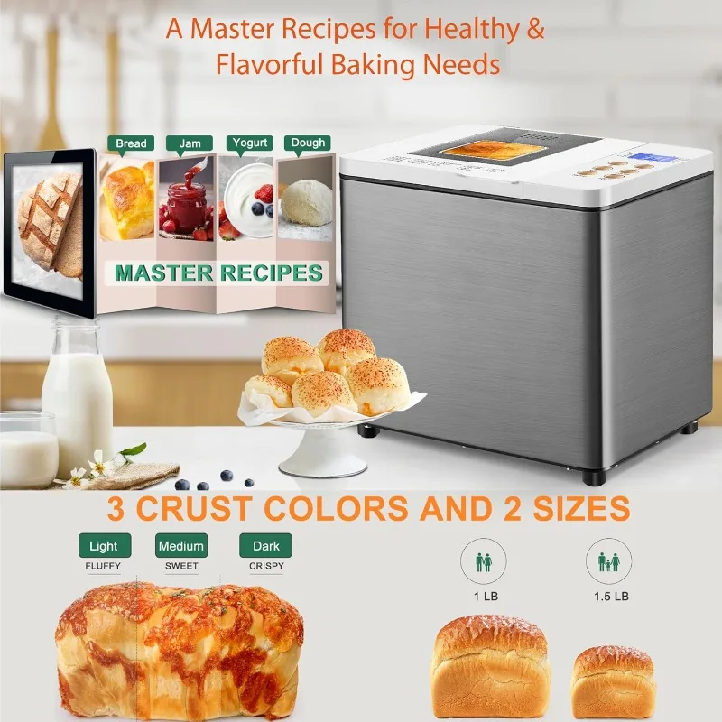 

19-in-1 Smart Dual Heaters Bread Maker With Heat-Conductive Nonstick Ceramic Pan, Quiet Bread Machine With 15H Timer & 1H Keep