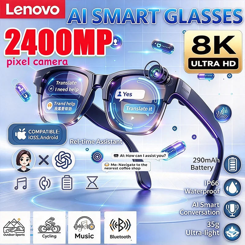 Lenovo 8K AI Chatgpt Smart Translation Glasses 2400MP Recording Insert Cards 4k Camera Music Cycling Bluetooth Smart Sunglasses