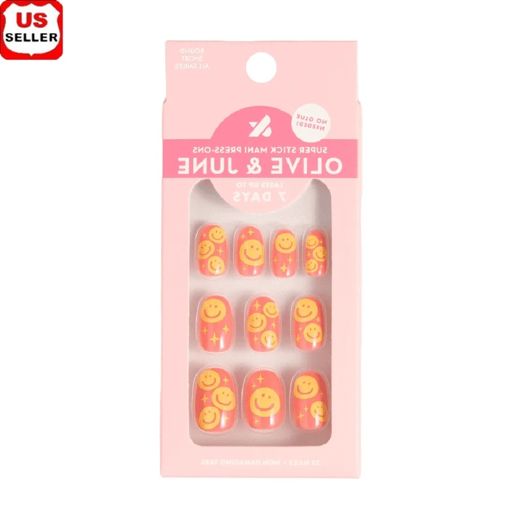 Super Stick Mani Press On Nail Tabs 32 Pieces Easy Application Round Short Fake Nails Salon Quality Non Toxic Adhesive