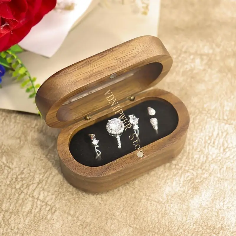 

Stylish Black Walnut Rings Organizers Box with 4 Compartments for Couple Spouse D08E