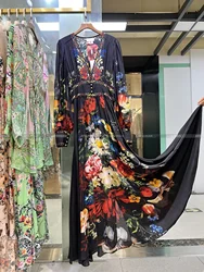 Women V Neck Heavy Beaded Long Sleeve Retro Flower Print Elastic Waist Maxi Long Silk Dress