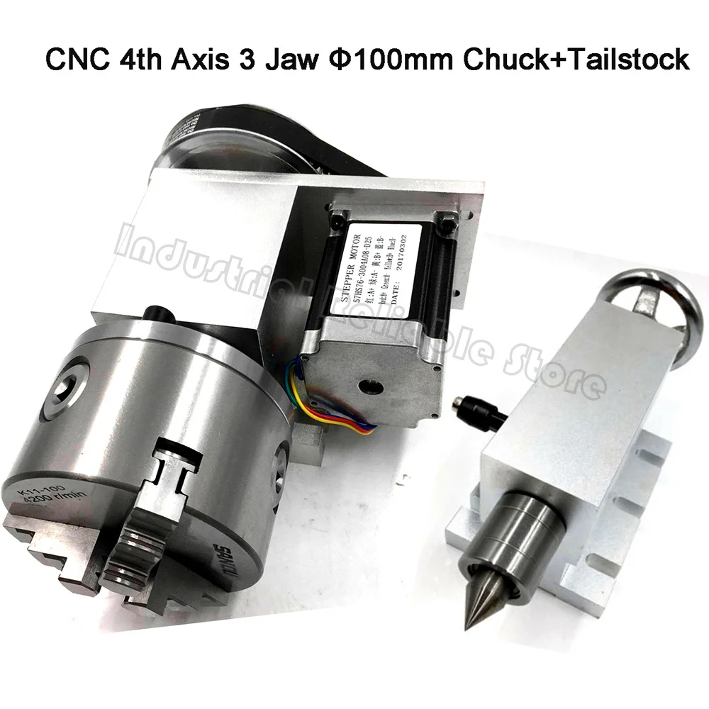 4th A Rotary Axis Nema23 6:1 Stepper Motor 3Jaw 100mm K11-100 Chuck CNC Milling and Tailstock Center height: 65mm