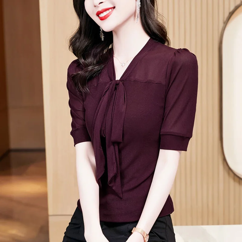 Elegant V-Neck Spliced Loose Folds Lace Up Bow Blouse Women\'s Clothing 2023 Summer New Casual Pullovers Tops Office Lady Shirt