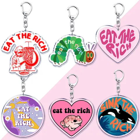 Eat The Rich Hungry Caterpillar Keychains for Women Accessories Bag Frog Lollipop Guillotine Keyrings Jewelry Fans Friends Gifts