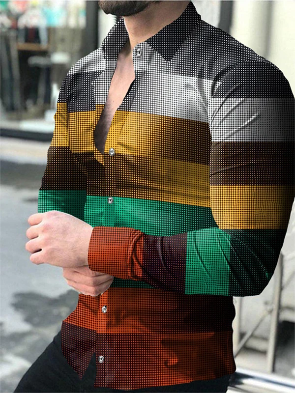 

Men's Contrast Lapel Printed Long Sve irt Collar Dyeing Technique Breathable Moisture ng Regular Fit Commute S...