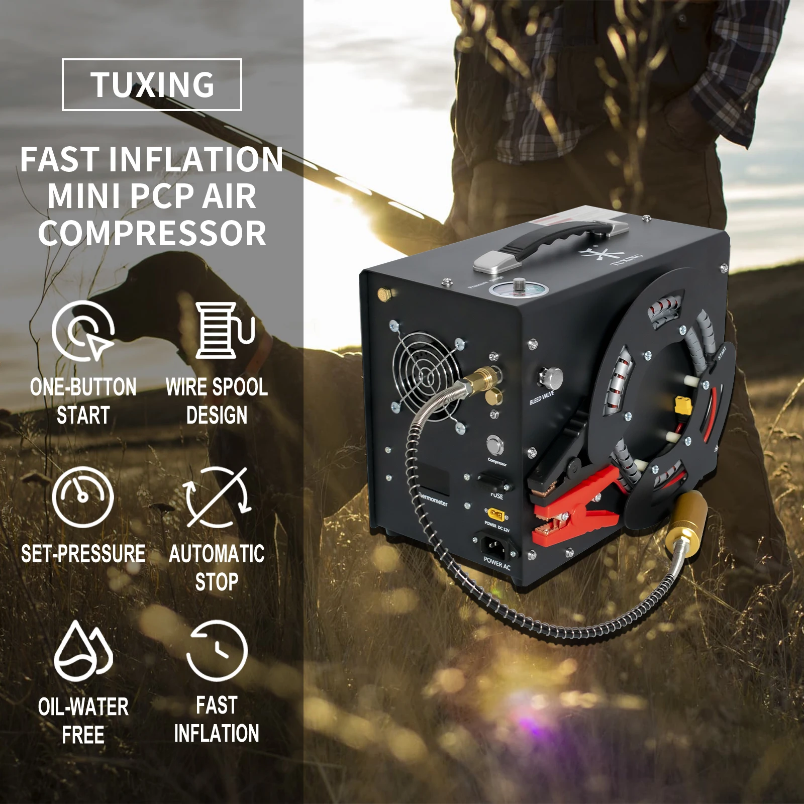 TUXING 4500Psi Portable PCP Air Compressor 300Bar Auto-stop High Pressure Compressor with 12v Car Power Aupply for Rifle TXES062
