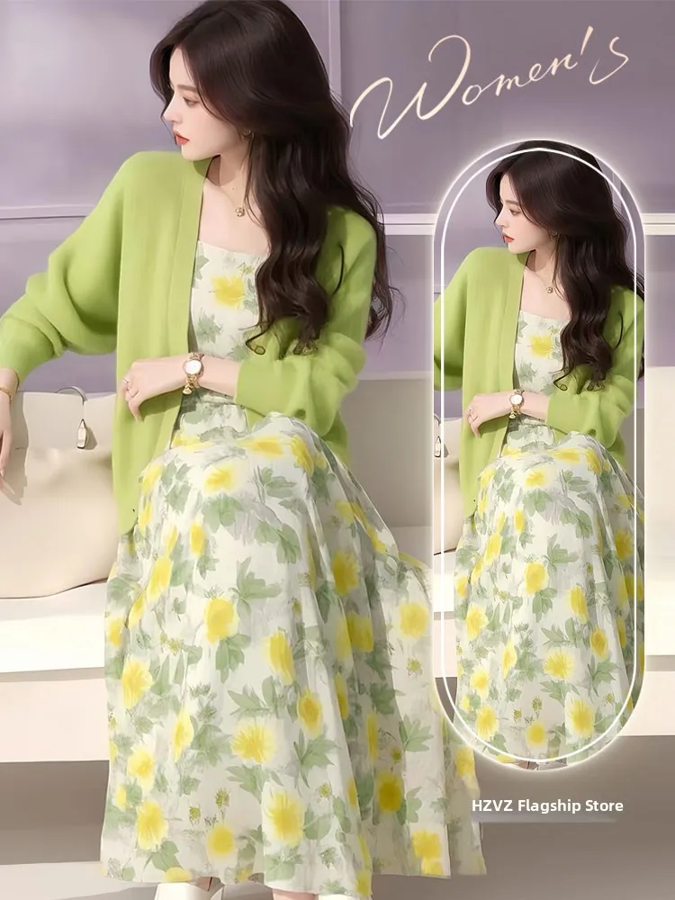 

Elegant Green Floral Print Dress Women's plus Size Cardigan Set Spring High Waist A-Line Skirt Slimming Two-Piece Suit