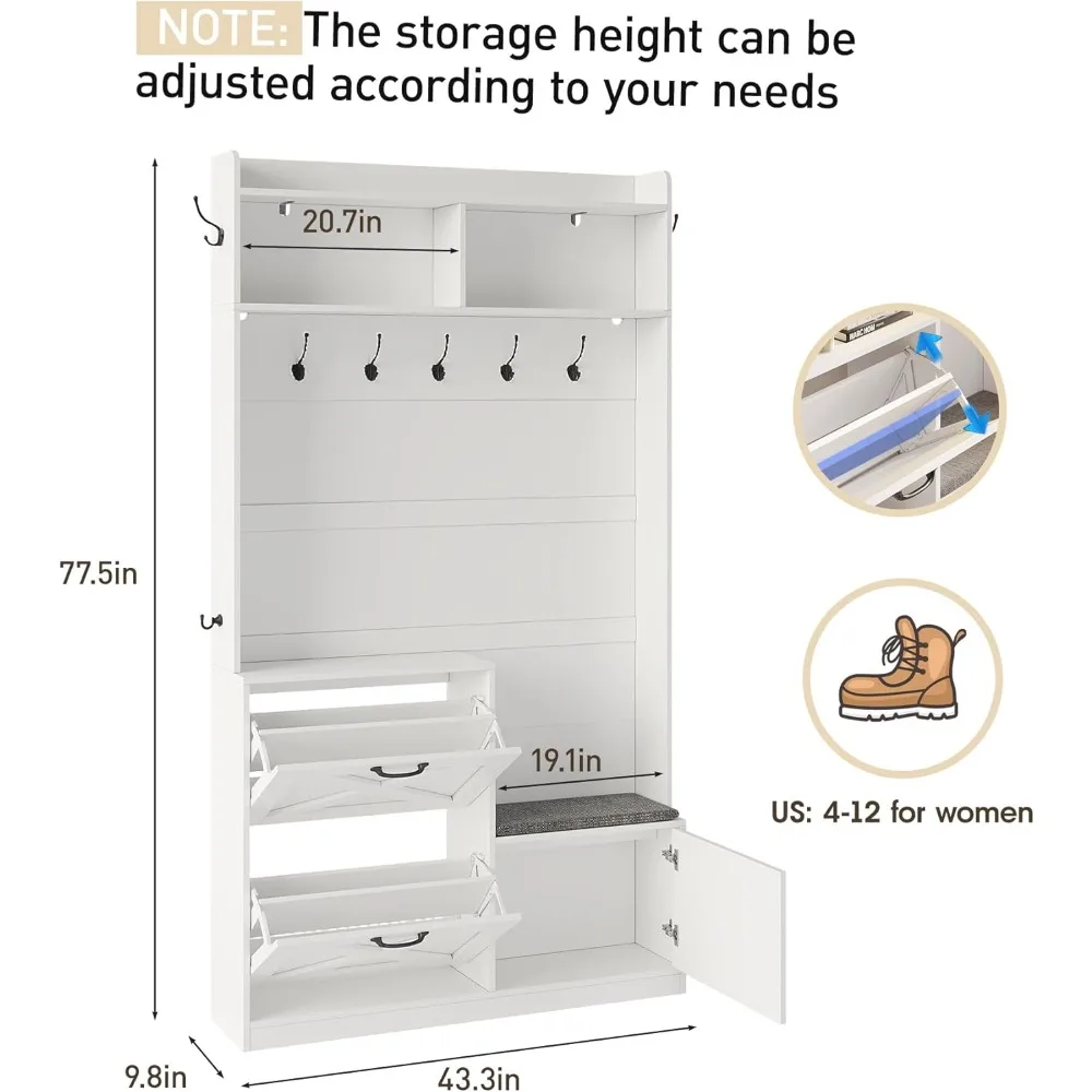 شجرة قاعة المدخل مع مقعد وتخزين الأحذية، شجرة القاعة الضيقة 5 في 1 مع ضوء LED، مقعد مبطن و9 خطافات، 2 درج قابل للطي #2