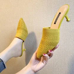 Knit Mesh Breathable High heels Mules slippers women New summer shoes women Pointed Toe Thin Heels Fashion Party ladies shoes