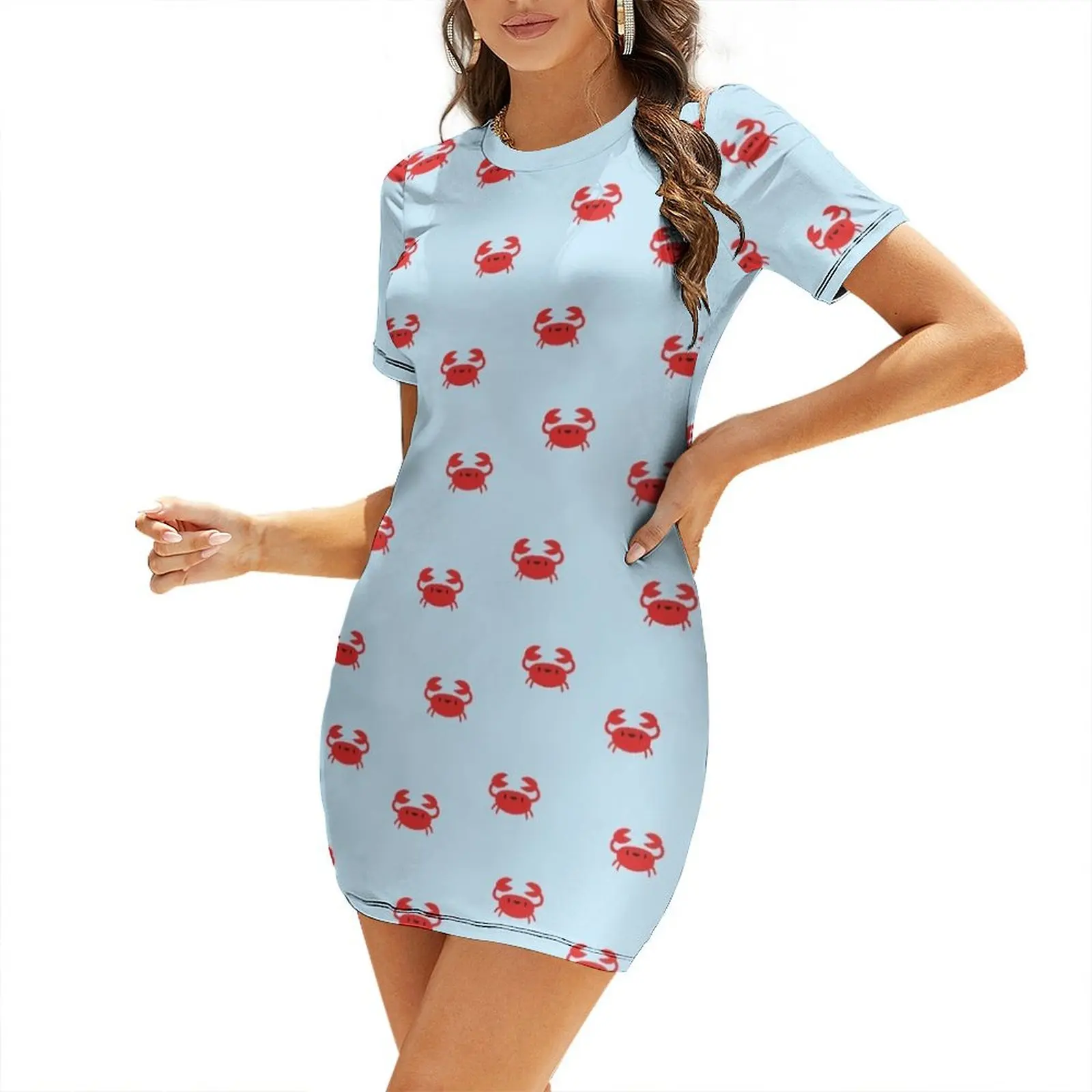 

Happy Little Crabs Short-Sleeved Dress luxury women's party dress evening prom Woman clothes Women's dress women