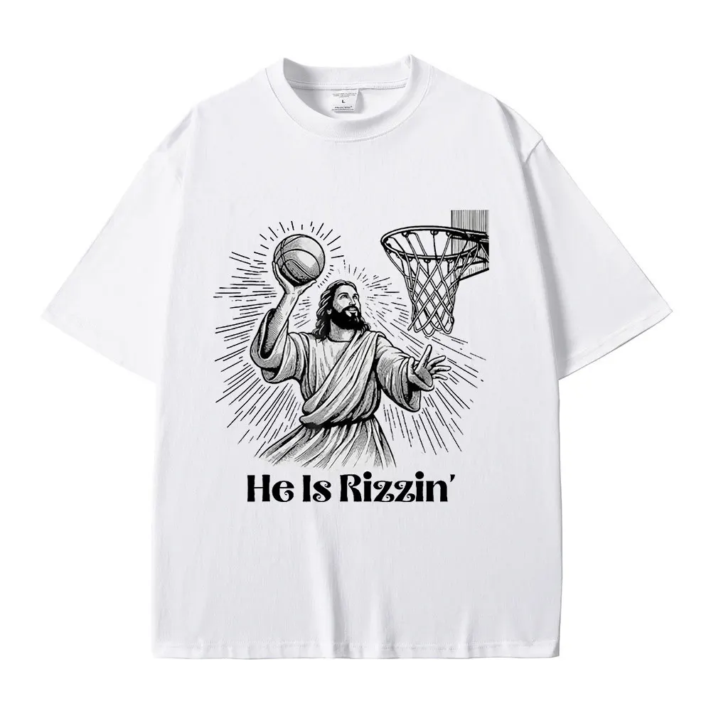 Funny Baskerball Jesus Meme T Shirt He Is Rizzin Christian Easter T-shirt Men Casual 100% Cotton Oversized Tee Shirt Streetwear