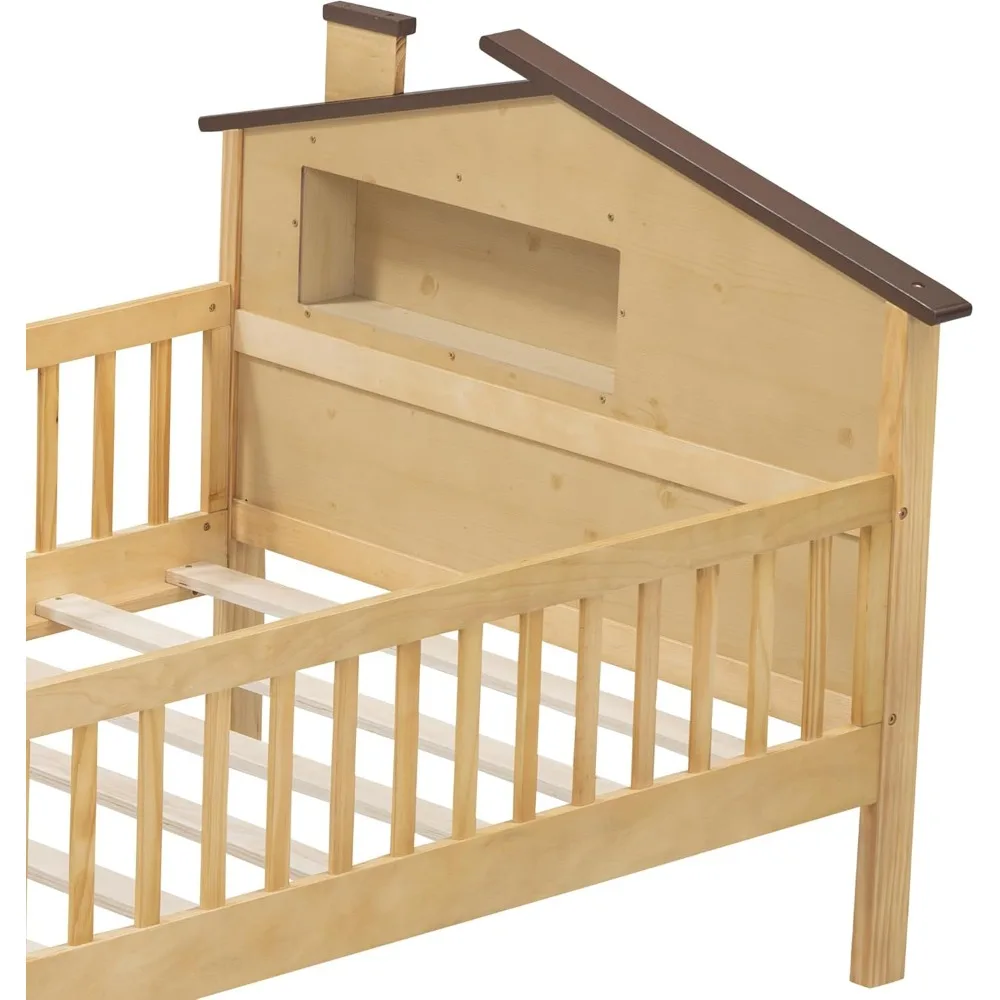 Letto singolo per bambini con testiera e guardrail a forma di casa, struttura letto con doppia piattaforma in legno con contenitore integrato e luce a LED