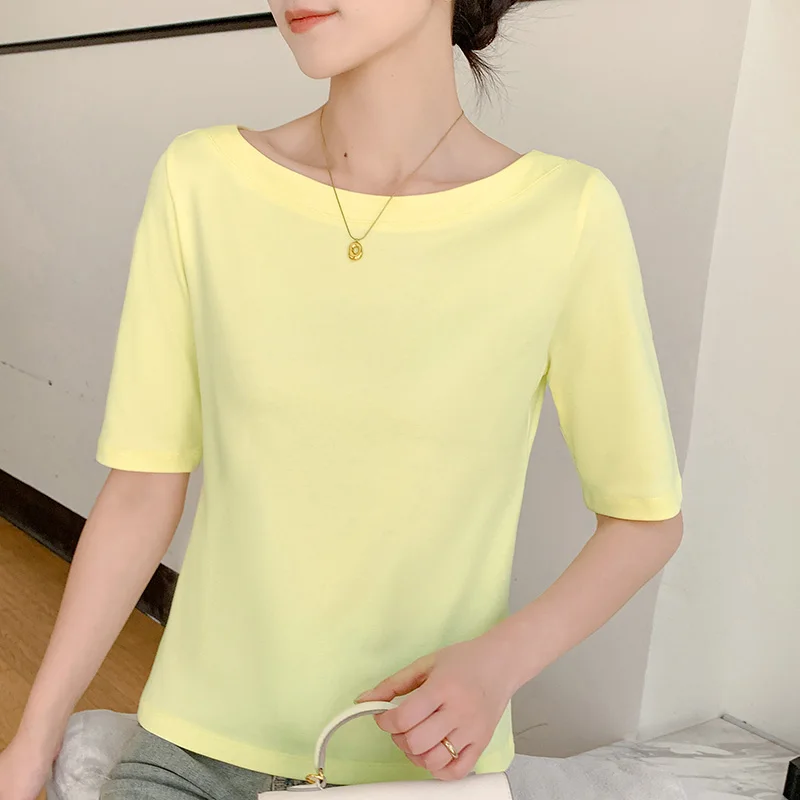 

Summer New 100% Cotton Word-Neck T-shirt Women's Short-Sleeved Fashion Bottoming With Solid Color Slimming Top