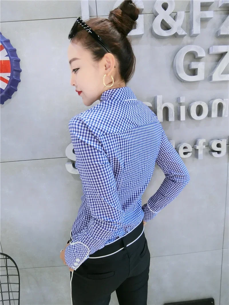 0 Autumn Long Sleeve Turn Down Collar Red Plaid Cotton Shirts Women Office Work OL Blue Plaid Shirts Lady Office Plaid Tops