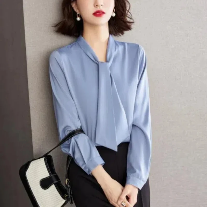 Office Lady Scarf Collar Women\'s 2024 New Patchwork Button Folds Fashion Solid Color Loose Casual Long Sleeved Blouses Shirts